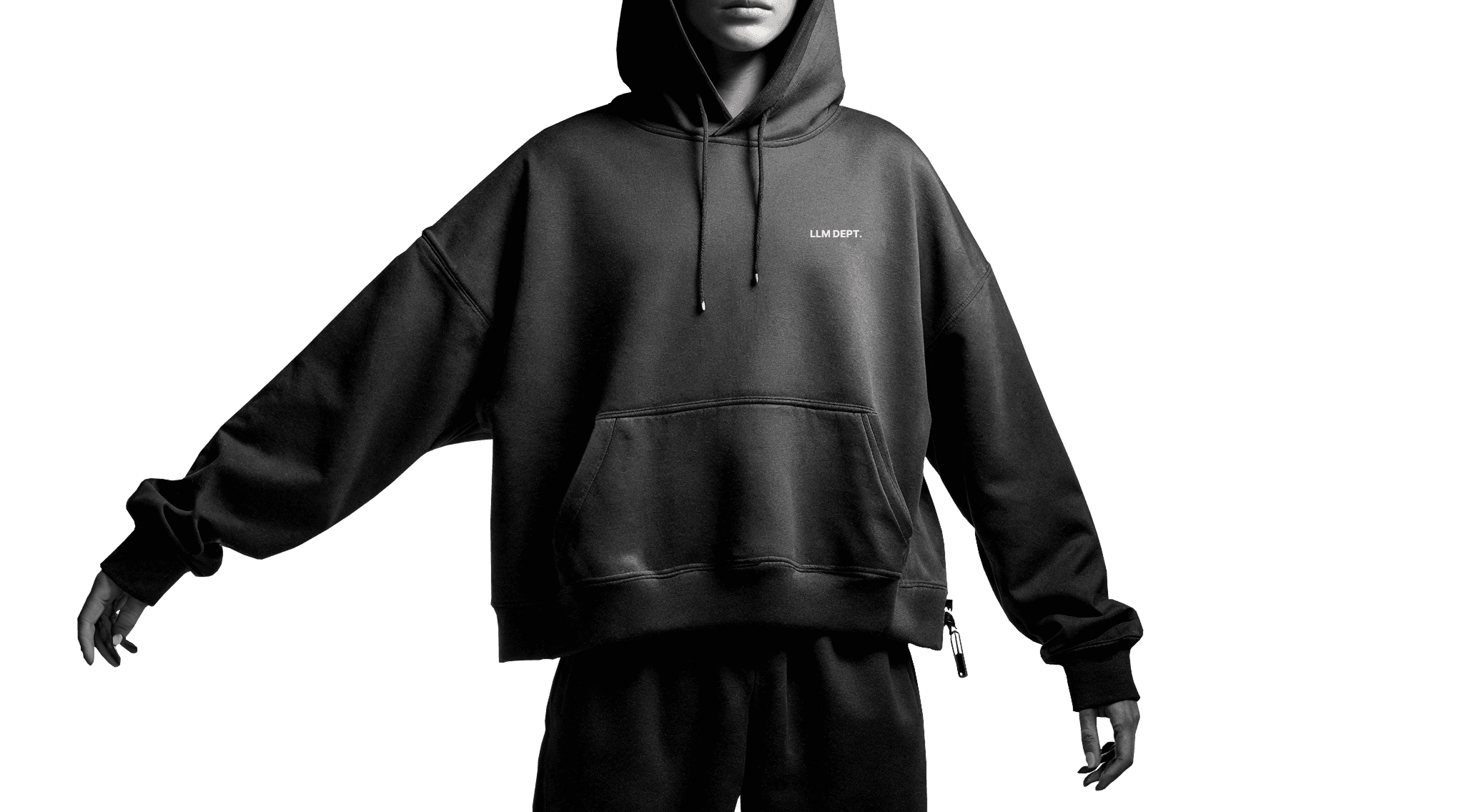 hero image of femal model wearing LLM DEPT. hoody